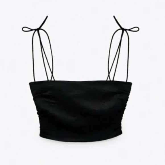 Zara Black Satin Effect Smocked Bach Crop Top - Picture 1 of 9